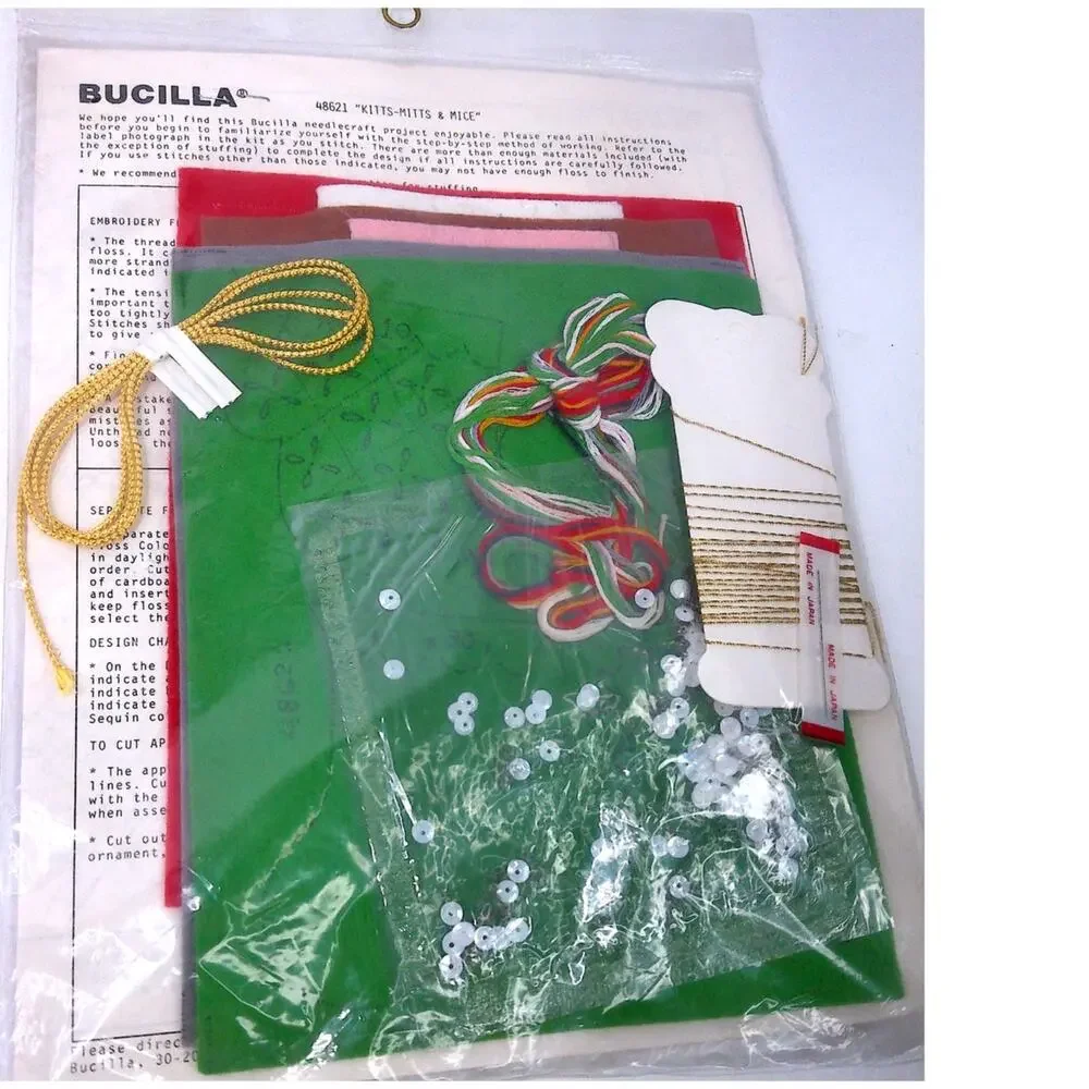 Vintage Bucilla Jeweled Holiday Ornaments Kitts Mitts And Mice Set of 4 No 48621